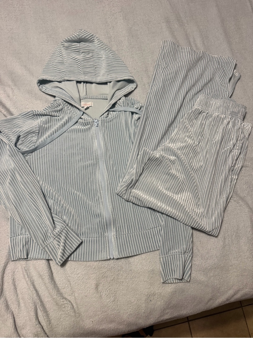 Colsie Light Blue Ribbed Hooded Pajama Set - Zip Jacket & Pants